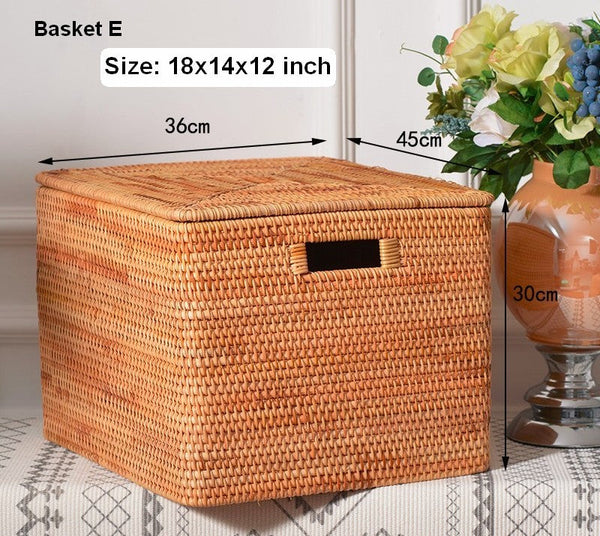 Wicker Rattan Storage Basket for Shelves, Storage Baskets for Bedroom, Rectangular Storage Basket with Lid, Pantry Storage Baskets-Paintingforhome