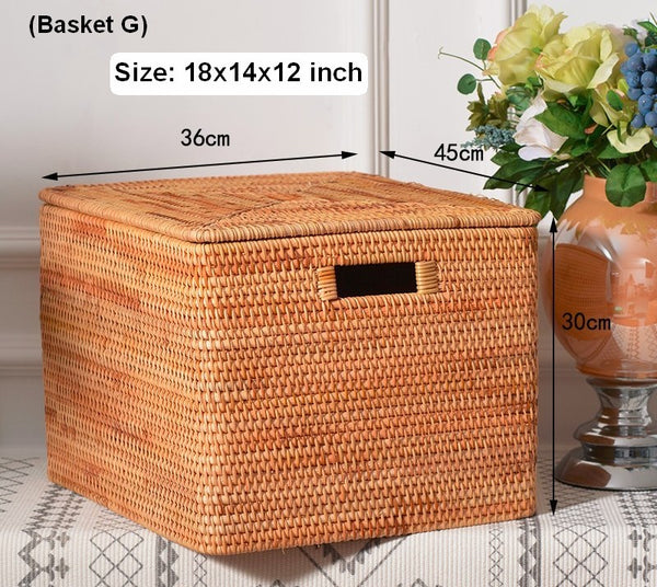 Woven Rectangular Storage Baskets, Rattan Storage Basket with Lid, Storage Baskets for Clothes, Extra Large Storage Baskets for Shelves-Paintingforhome