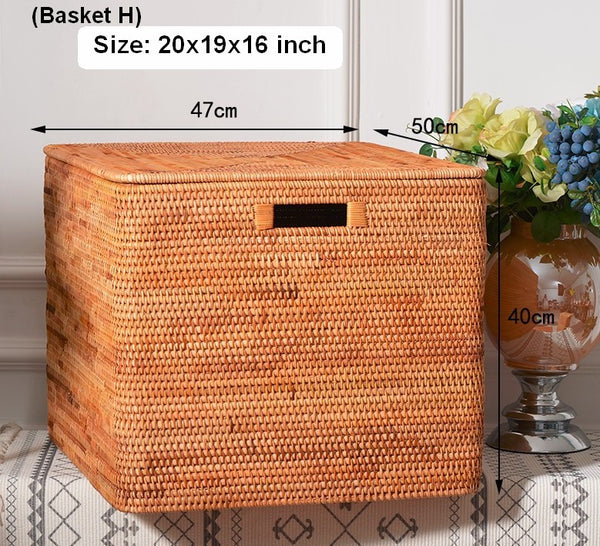 Woven Rectangular Storage Baskets, Rattan Storage Basket with Lid, Storage Baskets for Clothes, Extra Large Storage Baskets for Shelves-Paintingforhome