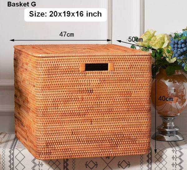 Rectangular Storage Basket with Lid, Woven Rattan Storage Basket for Shelves, Storage Baskets for Bedroom, Pantry Storage Baskets-Paintingforhome