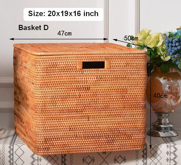 Oversized Storage Baskets for Bedroom, Rectangular Woven Storage Baskets for Clothes, Large Rectangular Storage Basket with Lid, Rattan Storage Case-Paintingforhome