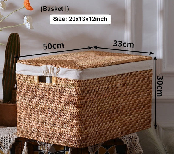 Large Rectangular Storage Baskets for Bathroom, Wicker Storage Basket with Lid, Extra Large Storage Baskets for Clothes, Storage Baskets for Shelves-Paintingforhome