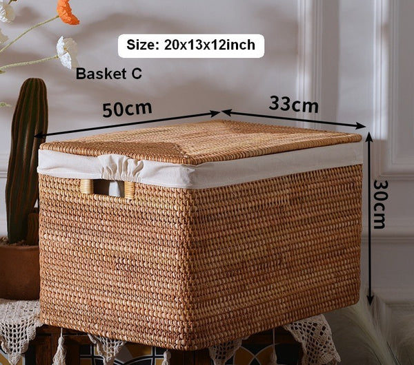 Large Rectangular Storage Basket with Lid, Rattan Storage Case, Storage Baskets for Bedroom, Rectangular Woven Storage Baskets for Clothes-Paintingforhome