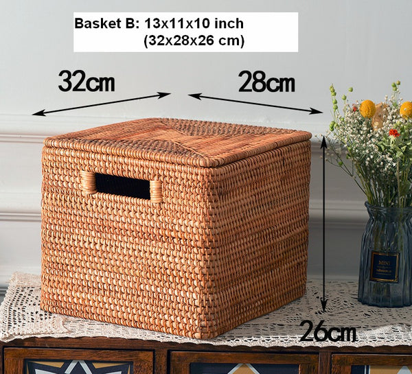 Rectangular Storage Basket with Lid, Rattan Storage Basket for Shelves, Extra Large Storage Baskets for Bedroom, Storage Baskets for Clothes-Paintingforhome