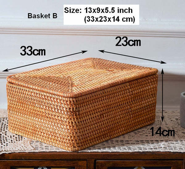 Woven Rattan Baskets, Rectangular Basket with Lid, Rectangular Storage Baskets, Storage Basket for Bedroom, Kitchen Storage Baskets-Paintingforhome