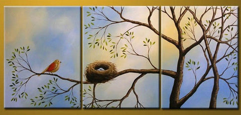 Bird Art, Canvas Painting, Modern Art, 3 Piece Wall Art, Abstract Painting, Tree of Life Painting-Paintingforhome