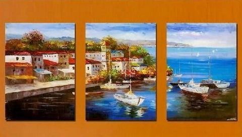 Mediterranean Sea, Boat Painting, Canvas Painting, Wall Art, Landscape Painting, Modern Art, 3 Piece Wall Art, Abstract Painting, Wall Hanging-Paintingforhome