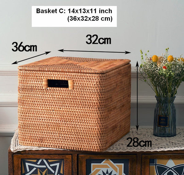 Wicker Rattan Storage Basket for Shelves, Storage Baskets for Bedroom, Rectangular Storage Basket with Lid, Pantry Storage Baskets-Paintingforhome