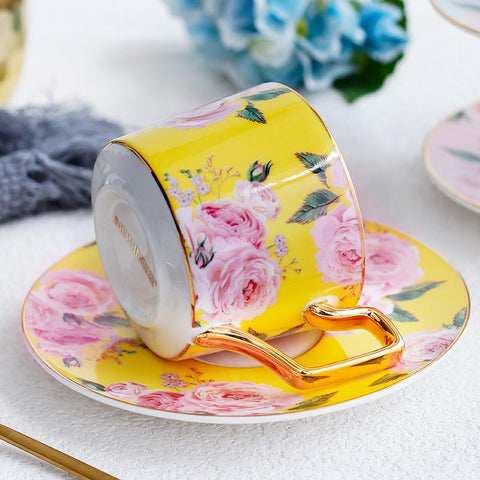Porcelain Coffee Cups, British Tea Cups, Yellow Coffee Cups with Gold Trim and Gift Box, Rose Flower Tea Cups and Saucers, Latte Coffee Cups-Paintingforhome