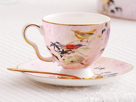 Elegant Pink Ceramic Coffee Cups, Unique Bird Flower Tea Cups and Saucers in Gift Box as Birthday Gift, Beautiful British Tea Cups, Royal Bone China Porcelain Tea Cup Set-Paintingforhome