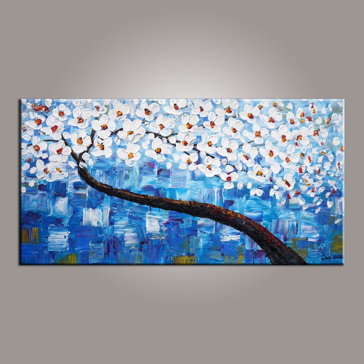 Canvas Art, Blue Flower Tree Painting, Abstract Painting, Painting on Sale, Dining Room Wall Art, Art on Canvas, Modern Art, Contemporary Art-Paintingforhome