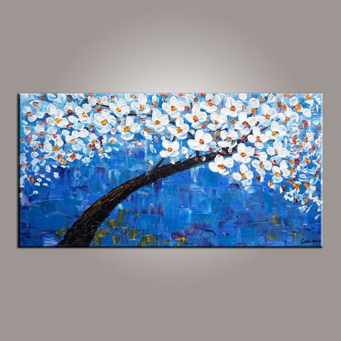 Blue Flower Tree Painting, Canvas Art, Abstract Painting, Painting on Sale, Dining Room Wall Art, Art on Canvas, Modern Art, Contemporary Art-Paintingforhome