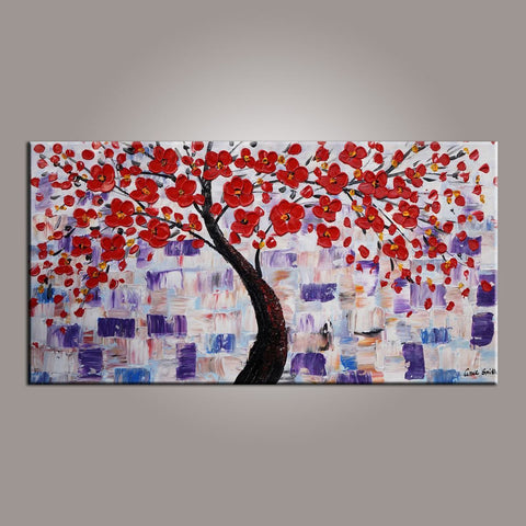 Canvas Art, Red Flower Tree Painting, Abstract Painting, Painting on Sale, Dining Room Wall Art, Art on Sale, Modern Art, Contemporary Art-Paintingforhome