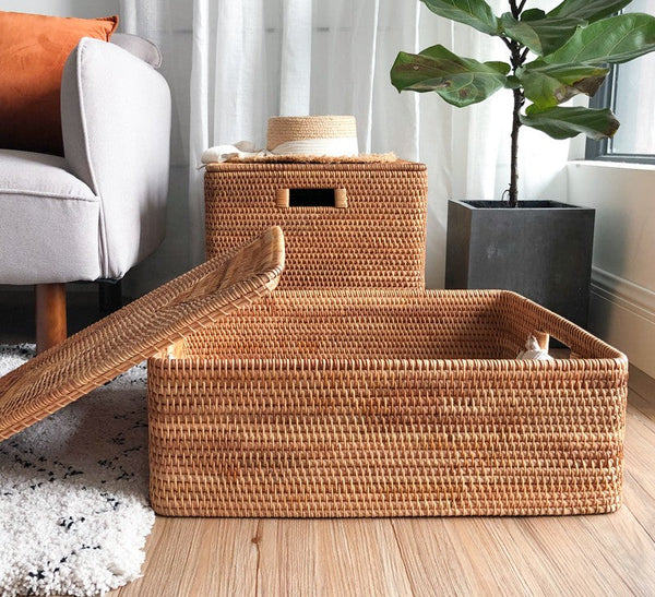 Wicker Storage Baskets for Bathroom, Rattan Rectangular Storage Basket with Lid, Extra Large Storage Baskets for Clothes, Storage Baskets for Bedroom-Paintingforhome