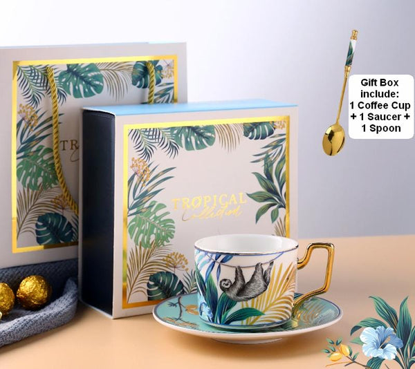 Elegant Tea Cups and Saucers, Jungle Toucan Pattern Porcelain Coffee Cups, Coffee Cups with Gold Trim and Gift Box-Paintingforhome