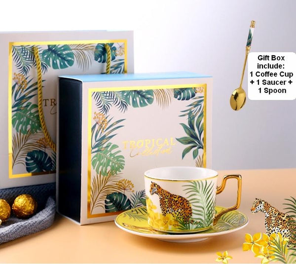 Elegant Porcelain Coffee Cups, Coffee Cups with Gold Trim and Gift Box, Tea Cups and Saucers, Jungle Animal Porcelain Coffee Cups-Paintingforhome