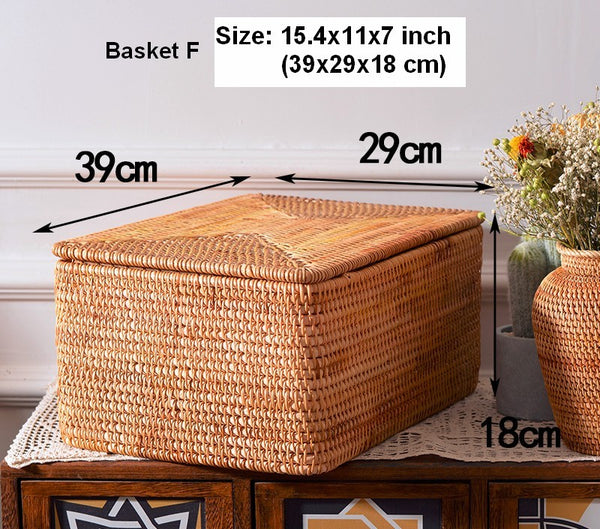 Large Storage Basket for Living Room, Storage Basket for Clothes, Woven Rattan Storage Baskets, Rectangular Storage Basket, Storage Basket with Lid-Paintingforhome