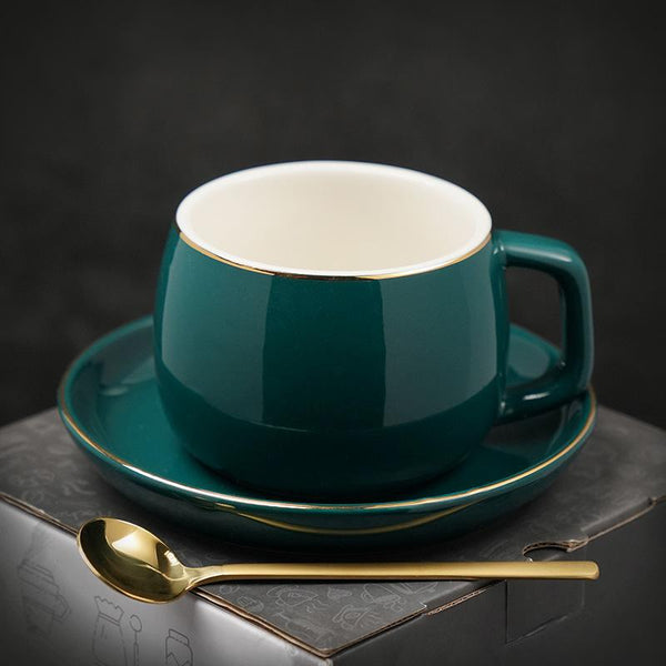 Ceramic Cup and Saucer for Office, Round Coffee Cup and Saucer Set, White Coffee Cup, Green Coffee Mug, Black Coffee Cups, Elegant Porcelain Coffee Cups-Paintingforhome