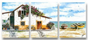 Cottage At Seashore, Landscape Painting, Landscape Art, 3 Panel Painting, Art Painting-Paintingforhome