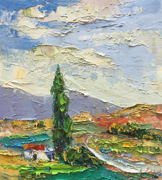 Landscape Painting, Cypress Tree Painting, Small Oil Painting, Heavy Texture Oil Painting-Paintingforhome