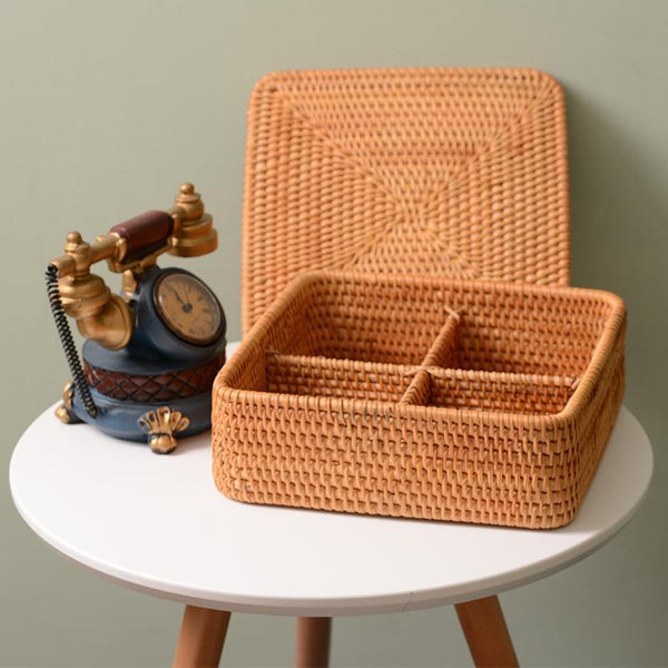 Storage Basket with Lid, Rattan Square Basket, Storage Basket with Lid, Kitchen Storage Baskets-Paintingforhome