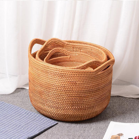 Large Woven Storage Basket with Handle, Large Rattan Basket, Large Round Storage Basket for Bathroom-Paintingforhome