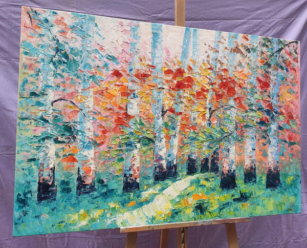 Custom Canvas Painting, Abstract Landscape Painting, Autumn Birch Tree, Canvas Painting-Paintingforhome