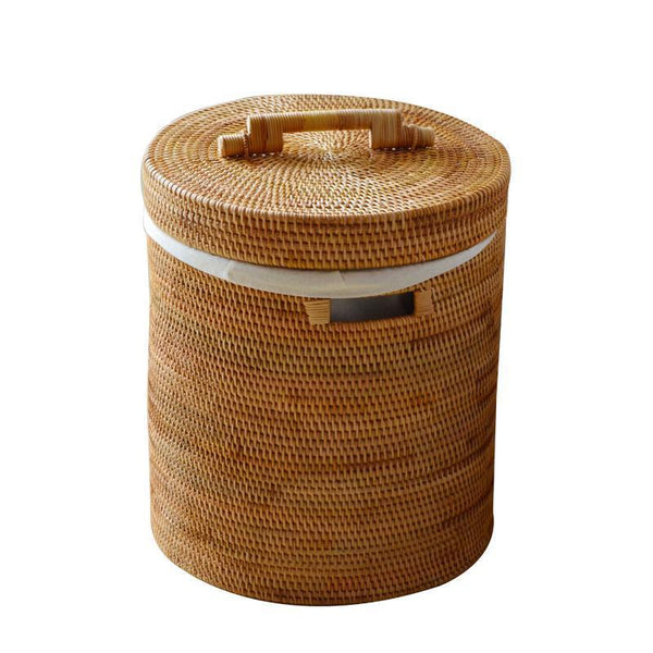 Large Laundry Storage Basket with Lid, Large Rattan Storage Basket for Bathroom, Woven Round Storage Basket for Clothes-Paintingforhome