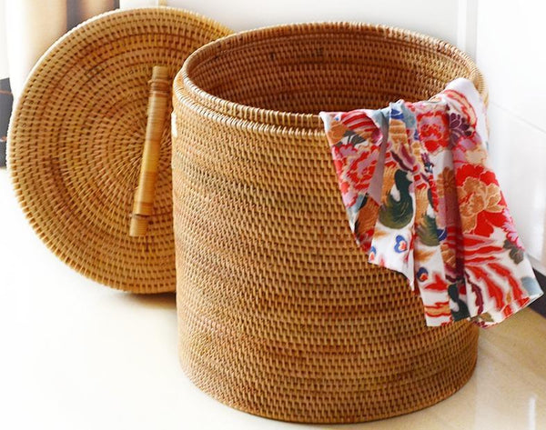Large Laundry Storage Basket with Lid, Large Rattan Storage Basket for Bathroom, Woven Round Storage Basket for Clothes-Paintingforhome