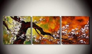 Abstract Art, Plum Tree in Full Bloom, Large Oil Painting, Living Room Wall Art, Modern Art, 3 Piece Wall Art-Paintingforhome