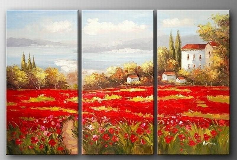 Italian Red Poppy Field, Canvas Painting, Landscape Art, Landscape Painting, Large Painting, Living Room Wall Art, Oil on Canvas, 3 Piece Oil Painting, Large Wall Art-Grace Painting Crafts