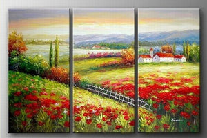 Landscape Art, Italian Red Poppy Field, Canvas Painting, Landscape Painting, Oil on Canvas, 3 Piece Oil Painting, Large Wall Art-Paintingforhome