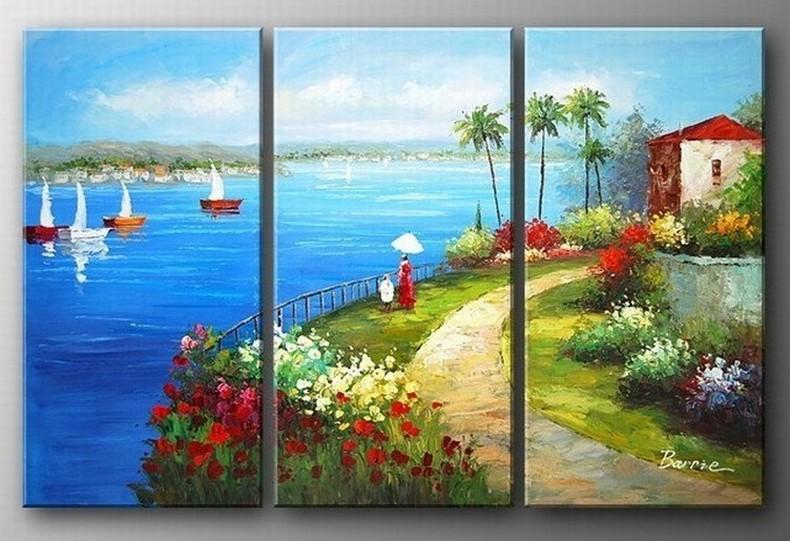Landscape Art, Italian Mediterranean Sea, Sail Boat Art, Canvas Painting, Landscape Painting, Living Room Wall Art, Oil on Canvas, 3 Piece Oil Painting-Paintingforhome