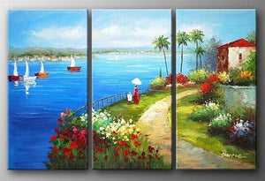 Landscape Art, Italian Mediterranean Sea, Sail Boat Art, Canvas Painting, Landscape Painting, Living Room Wall Art, Oil on Canvas, 3 Piece Oil Painting-Grace Painting Crafts