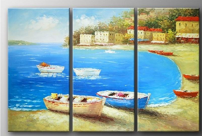 Italian Mediterranean Sea, Landscape Art, Boat Art, Canvas Painting, Living Room Wall Art, Oil on Canvas, 3 Piece Oil Painting, Large Wall Art-Paintingforhome