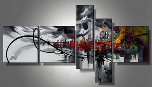 Cityscape Art, Black Wall Art, Huge Wall Art, Acrylic Art, 5 Piece Wall Painting, Hand Painted Art, Group Painting-Paintingforhome