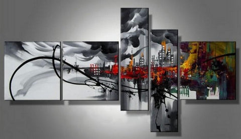 Cityscape Art, Black Wall Art, Huge Wall Art, Acrylic Art, 5 Piece Wall Painting, Hand Painted Art, Group Painting-Paintingforhome