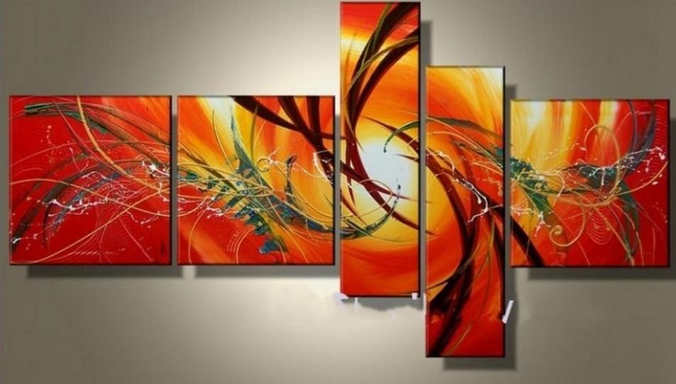 Canvas Painting, Abstract Lines, Red Color Art, Acrylic Art, 5 Piece Wall Painting, Canvas Painting-Paintingforhome
