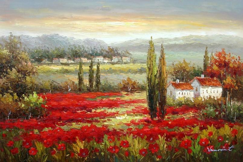 Flower Field, Wall Art, Large Painting, Canvas Oil Painting, Landscape Painting, Living Room Wall Art, Cypress Tree, Canvas Wall Art, Canvas Art, Red Poppy Field-Paintingforhome