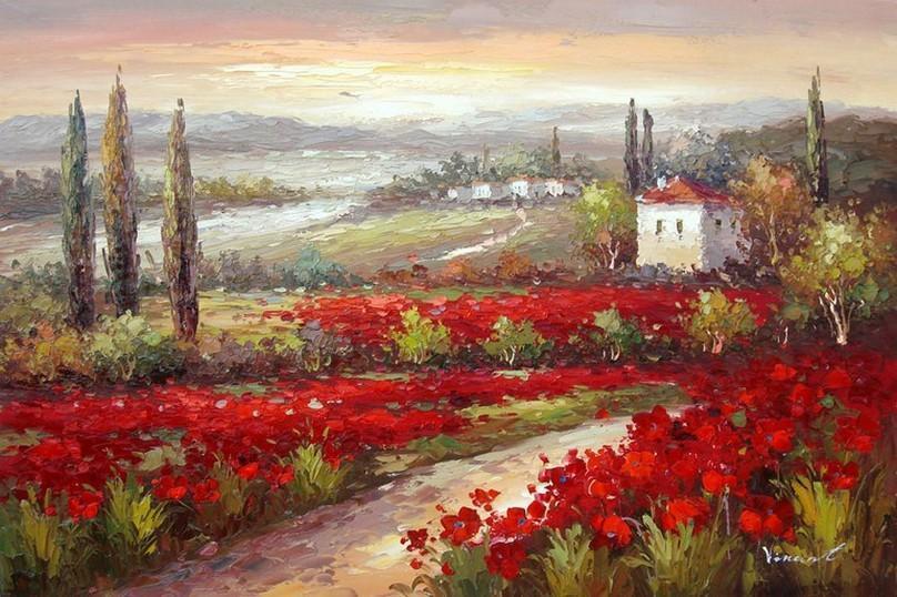 Flower Field, Canvas Oil Painting, Landscape Painting, Living Room Wall Art, Cypress Tree, Red Poppy Field-Paintingforhome