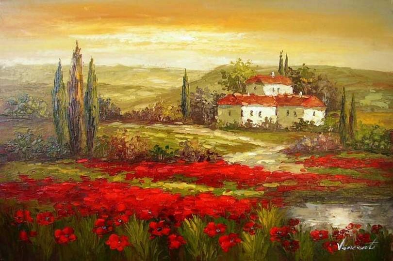 Autumn Art, Flower Field, Impasto Art, Heavy Texture Painting, Landscape Painting, Living Room Wall Art, Cypress Tree, Oil Painting, Red Poppy Field-Art Painting Canvas
