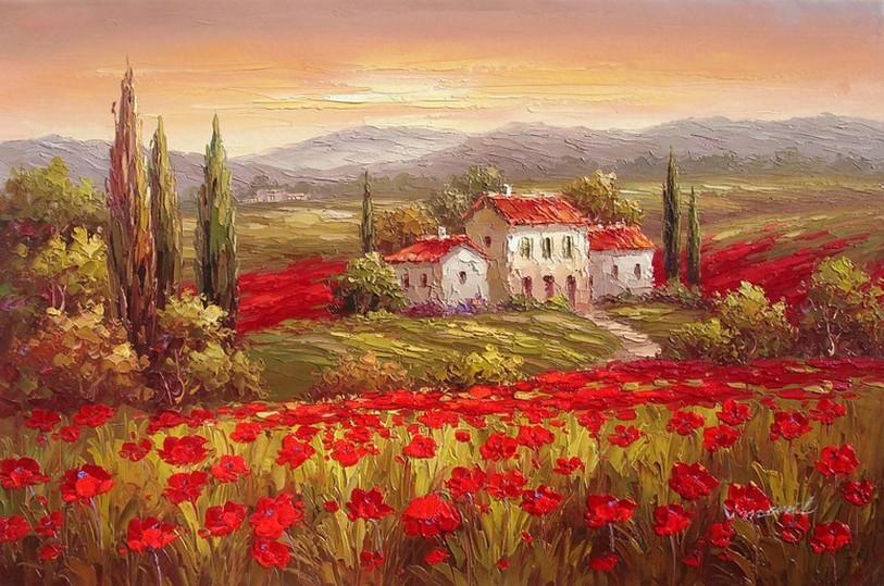 Flower Field, Canvas Painting, Landscape Painting, Wall Art, Large Painting, Living Room Wall Art, Cypress Tree, Oil Painting, Canvas Art, Poppy Field-Art Painting Canvas