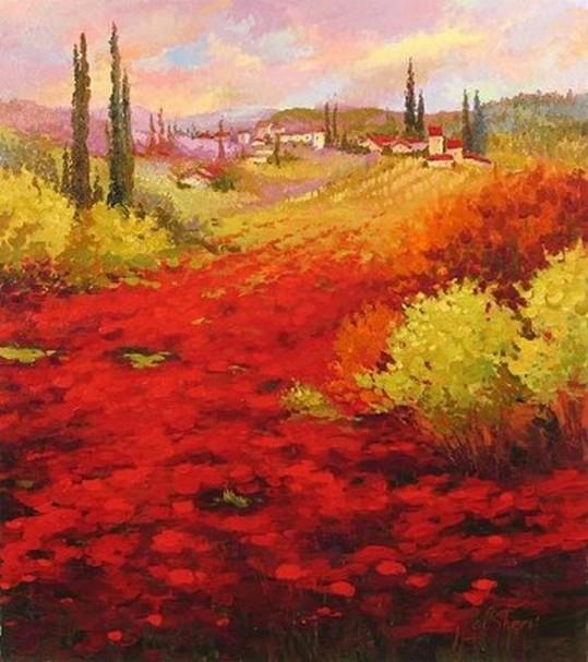 Flower Field, Wall Art, Large Painting, Canvas Painting, Landscape Painting, Living Room Wall Art, Cypress Tree, Oil Painting, Canvas Art, Red Poppy Field-Art Painting Canvas