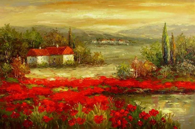 Flower Field Painting, Canvas Painting, Landscape Painting, Contemporary Wall Art, Large Painting, Living Room Wall Art, Cypress Tree, Oil Painting, Poppy Field-Paintingforhome