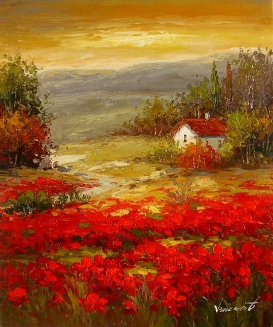 Flower Field, Wall Art, Landscape Painting, Living Room Wall Art, Cypress Tree, Canvas Art, Red Poppy Field, Ready to Hang-Paintingforhome