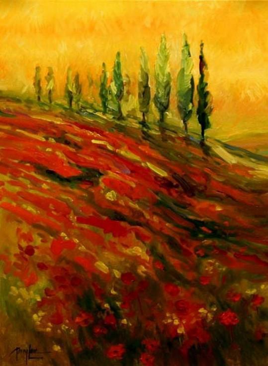 Red Poppy Field, Flower Field, Wall Art, Large Art, Canvas Art, Landscape Painting, Living Room Wall Art, Cypress Tree, Oil Painting, Large Wall Art-Paintingforhome