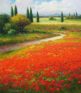 Flower Field, Wall Art, Impasto Art, Heavy Texture Painting, Landscape Painting, Living Room Wall Art, Cypress Tree, Oil Painting, Canvas Art, Red Poppy Field-Paintingforhome