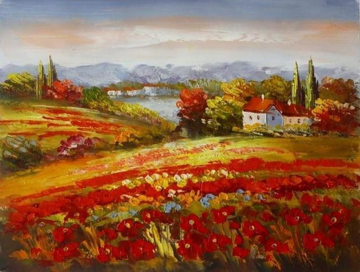 Red Poppy Field, Flower Field, Wall Art, Large Painting, Canvas Painting, Landscape Painting, Living Room Wall Art, Cypress Tree, Oil Painting, Canvas Art-Paintingforhome