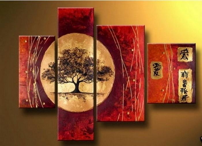 Extra Large Painting, Tree of Life Painting, Red Abstract Painting, 4 Piece Art Painting, Abstract Art, Living Room Wall Art-Paintingforhome