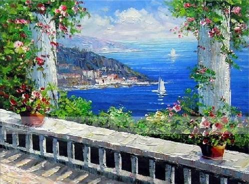 Canvas Painting, Landscape Painting, Wall Art, Canvas Painting, Large Painting, Bedroom Wall Art, Oil Painting, Canvas Art, Sailing Boat at Sea, Italy Summer Resort-Paintingforhome